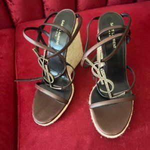 Saint Laurent Cassandre Wedge Espadrilles with Golden YSL